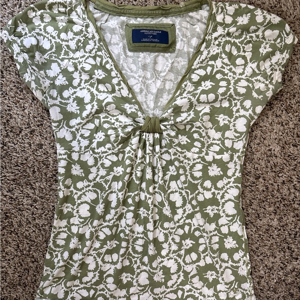 American Eagle Outfitters Olive and White Floral Blouse